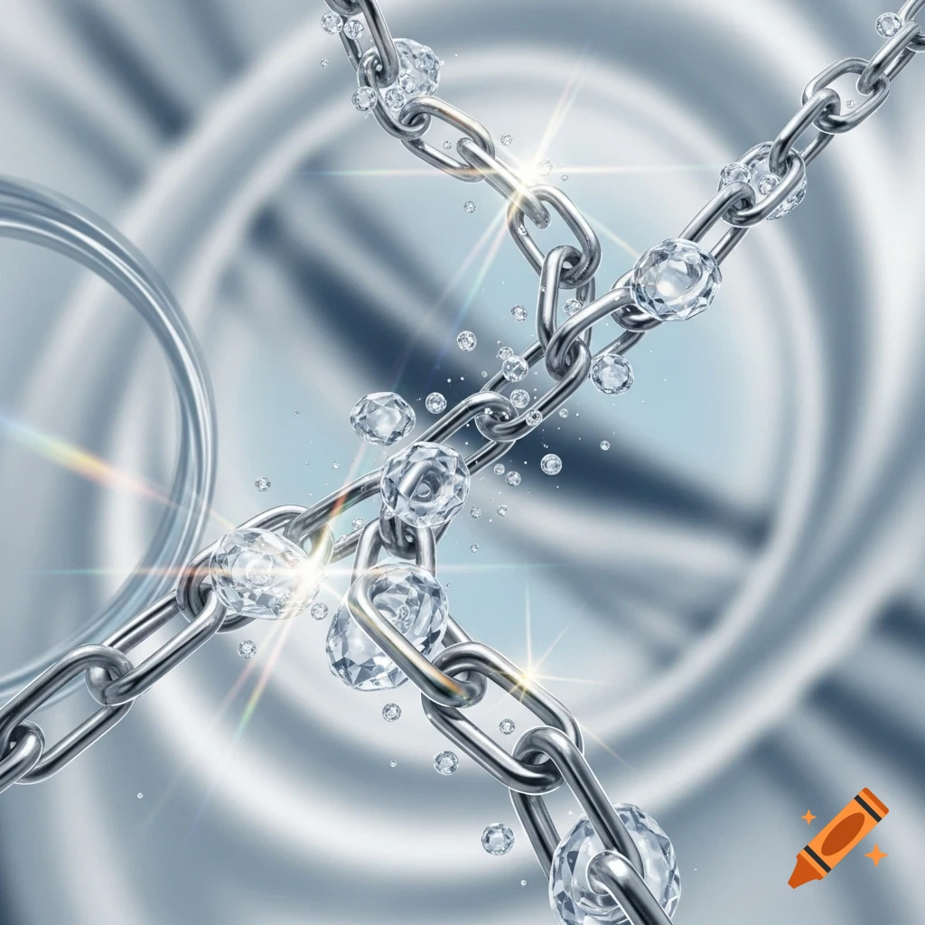 Shiny silver chains intertwined with sparkling clear diamonds against a blurred light blue and white metallic abstract background.