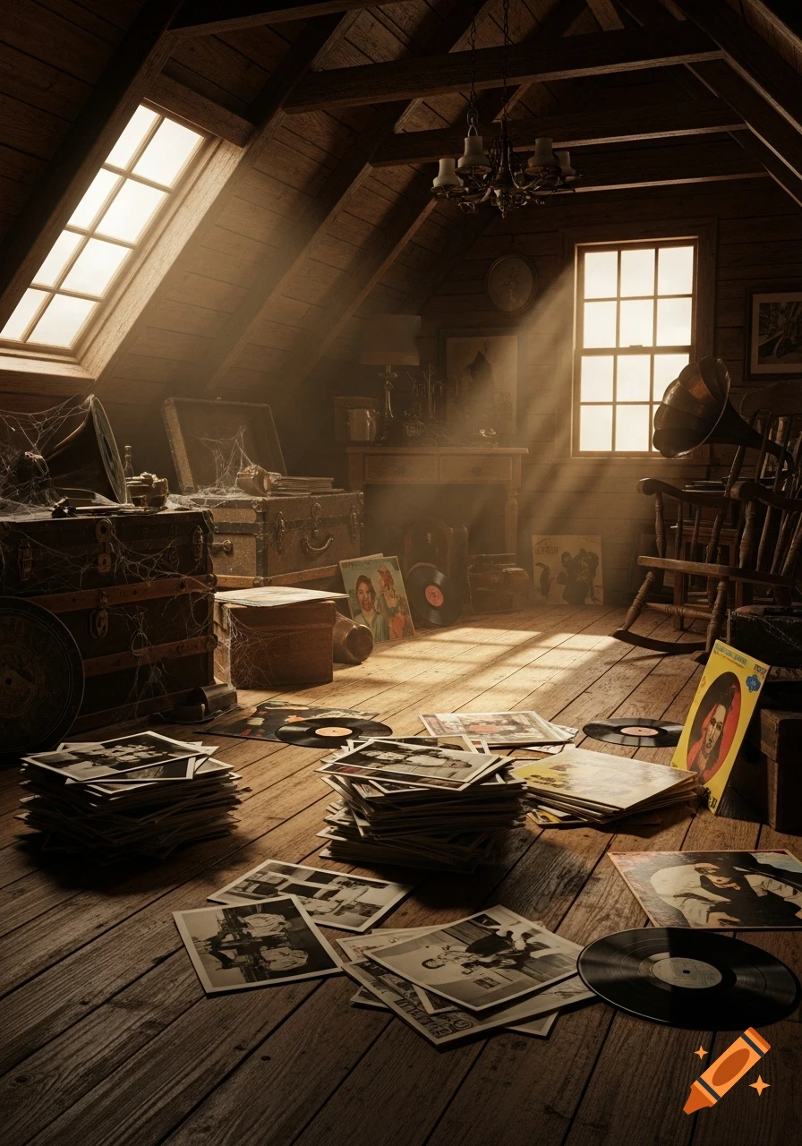 A dusty, sunlit attic filled with old wooden trunks covered in cobwebs, stacks of vintage photos, and vinyl records scattered on the wooden floor.