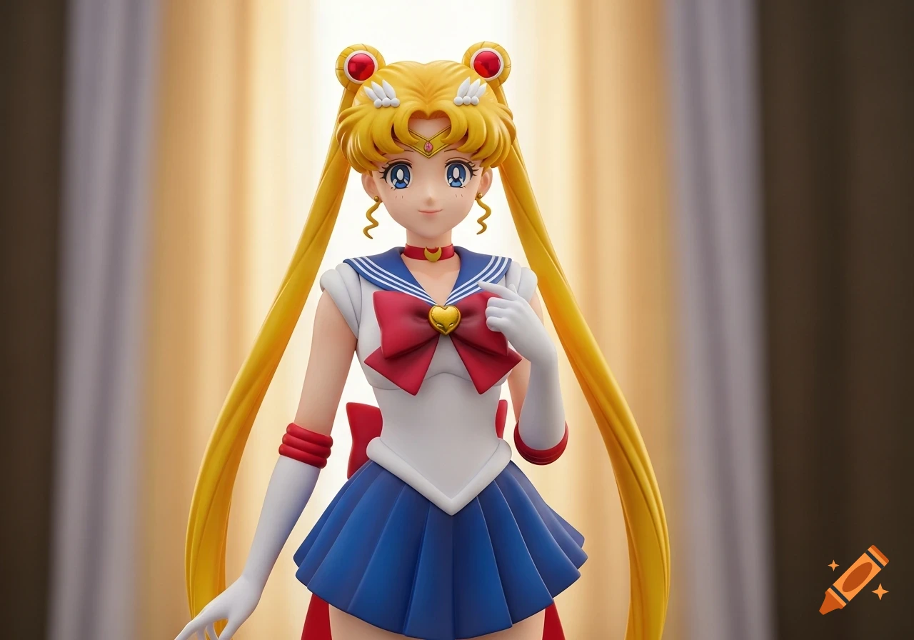 Realistic figurine of Sailor Moon smiling gently in her typical uniform, against a soft, blurred background.