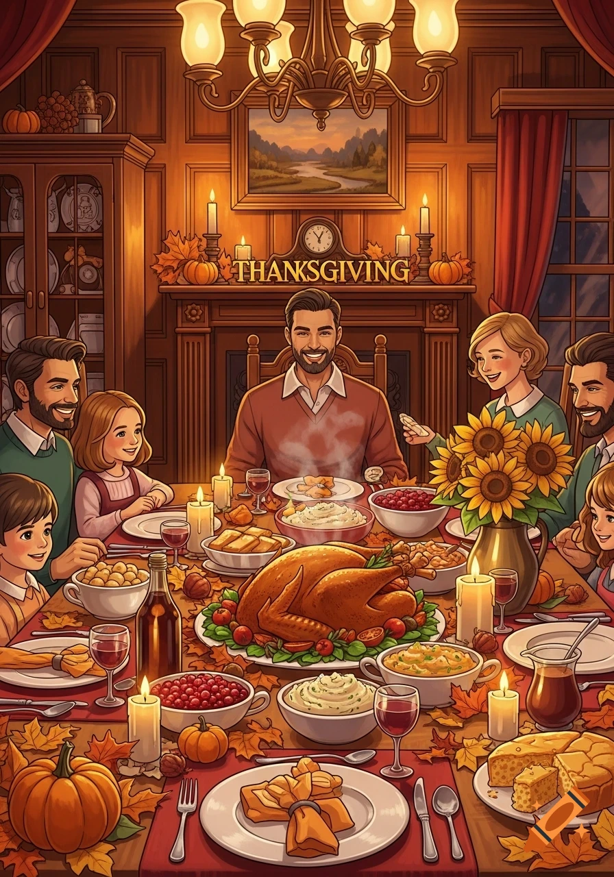 A family enjoys a Thanksgiving dinner with a roasted turkey and many dishes on a festive table, in a warm, illustrated style.