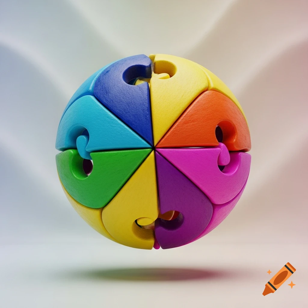 A colorful spherical object made of eight interlocking puzzle-like segments, set against a soft background.