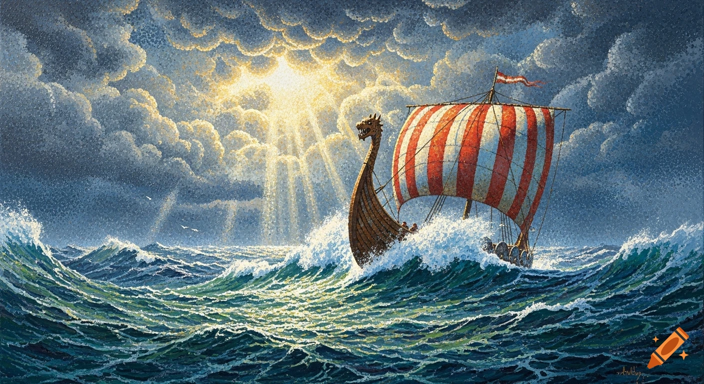Pointillist painting of a Viking longship with a red and white striped sail battling stormy green waves under a sun-drenched, cloudy sky.