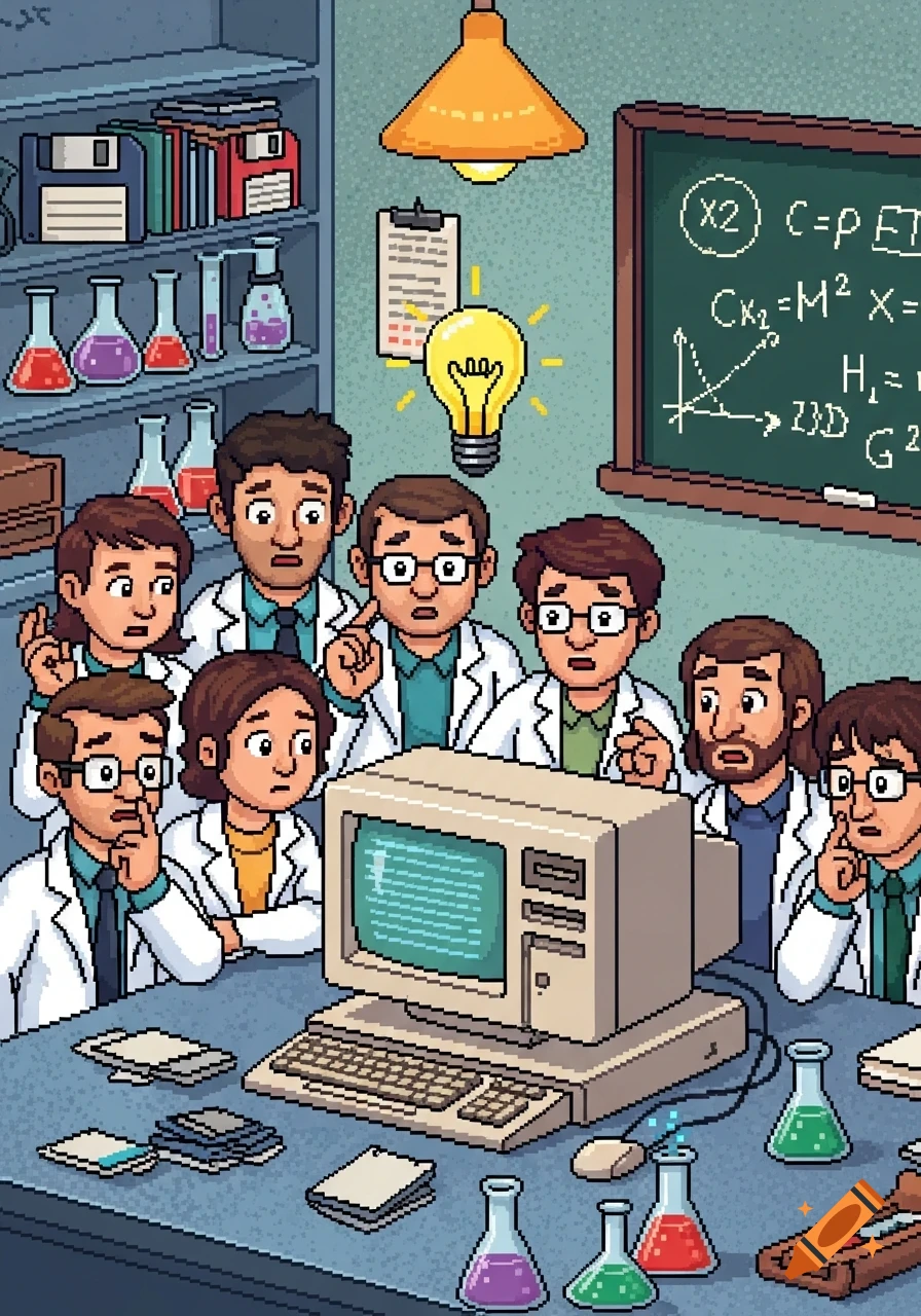 Pixel art of seven puzzled scientists in lab coats gathered around a vintage computer in a laboratory, surrounded by beakers and scientific equipment.
