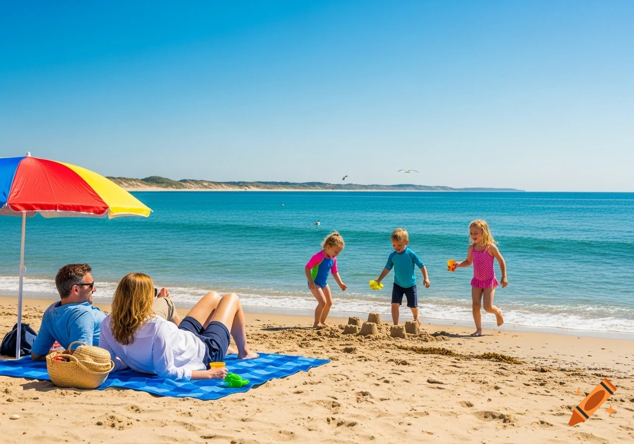 Photorealistic image of a family enjoying a sunny beach day. Parents relax under an umbrella while three kids play in the sand.