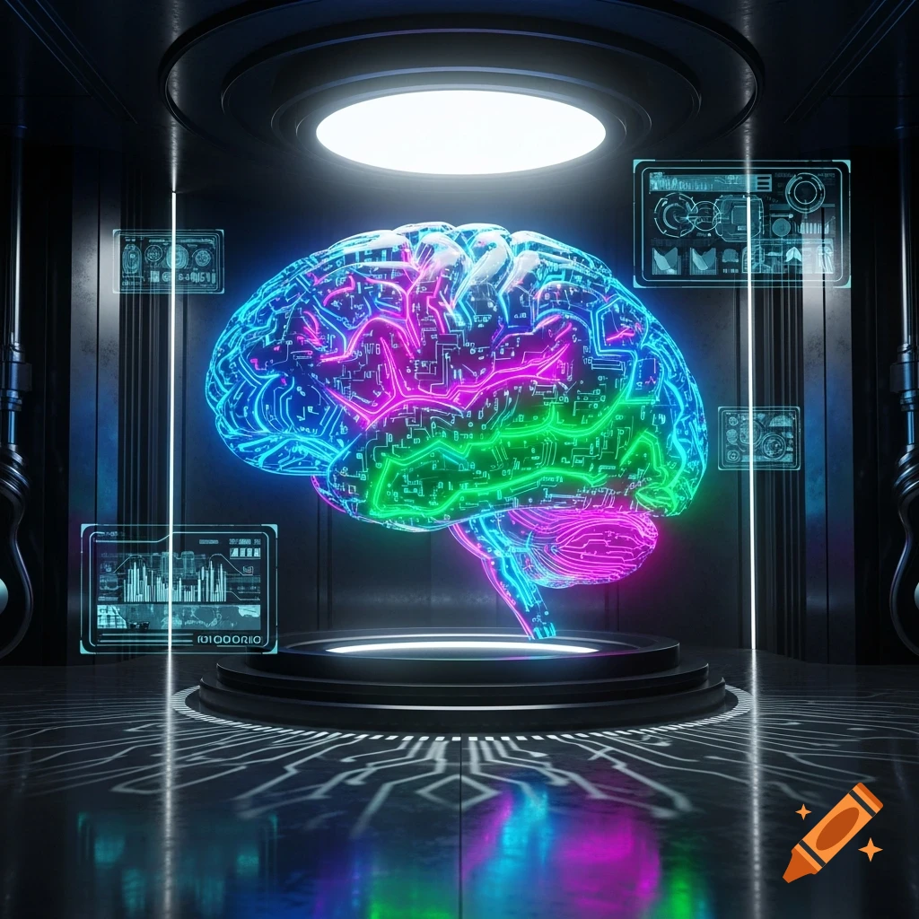 A vibrant neon cyber brain with colorful circuits displayed in a dark, futuristic room with glowing screens.