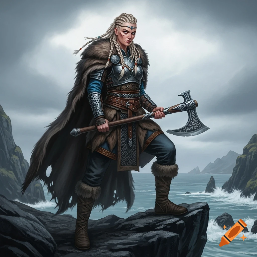 A fierce blonde female Viking warrior in fur and armor stands on a rocky cliff by a stormy sea, holding a large axe.
