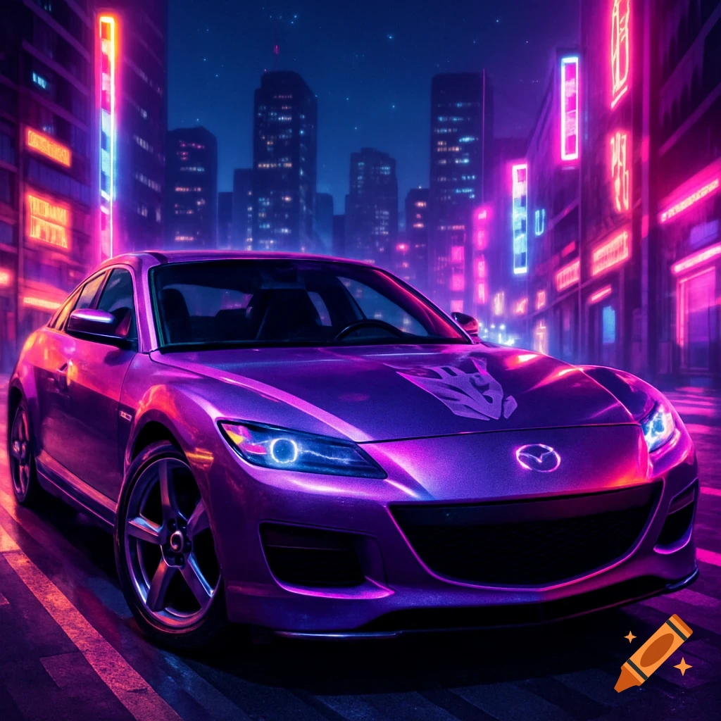 A vibrant purple Mazda RX-8 with a Decepticon logo on the hood, parked in a neon-lit city at night, in a synthwave style.