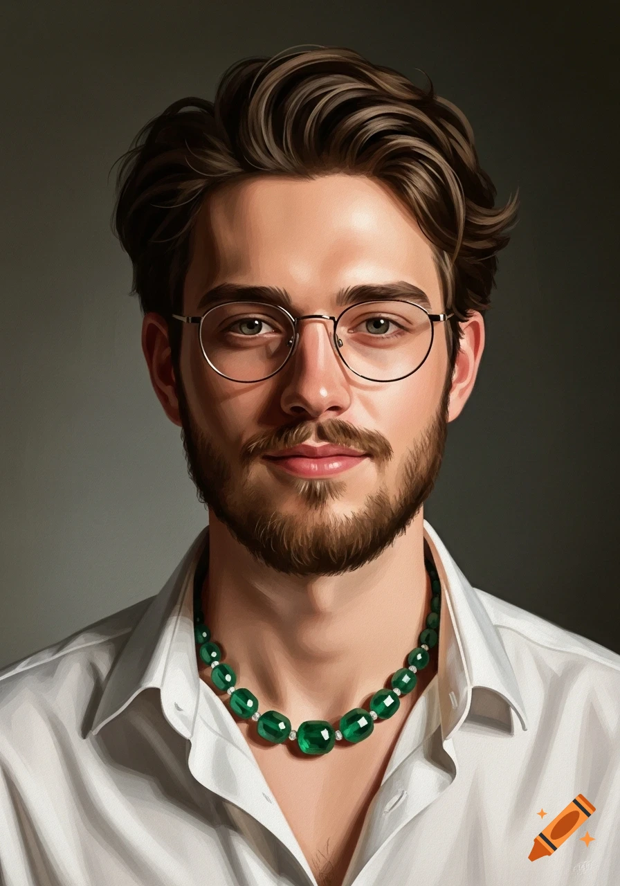 Oil painting of a kind young man with a brown beard, glasses, messy hair, white shirt, and a green emerald bead necklace.