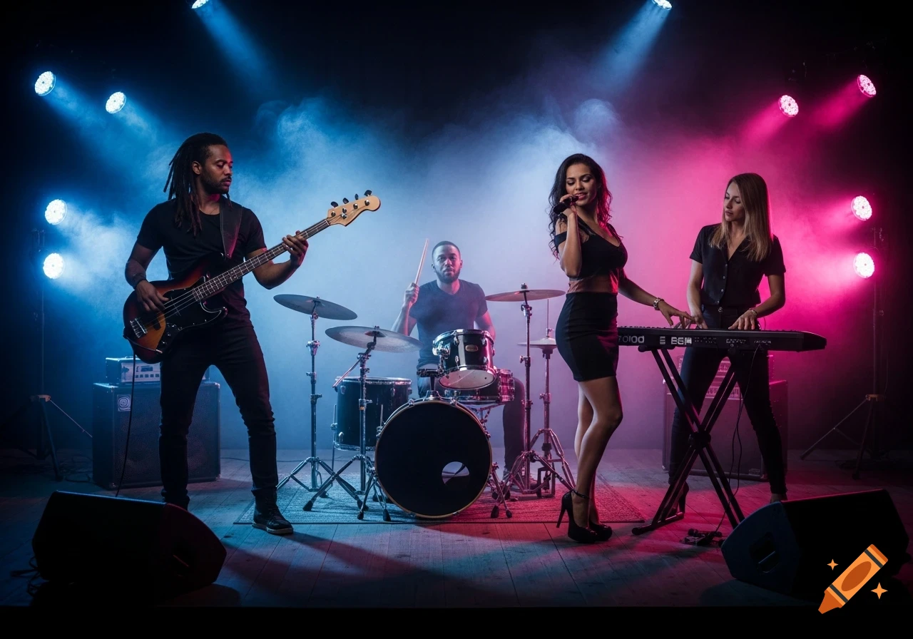 A band performs on stage under blue and pink spotlights with smoke. A bassist, drummer, singer, and keyboardist are visible.