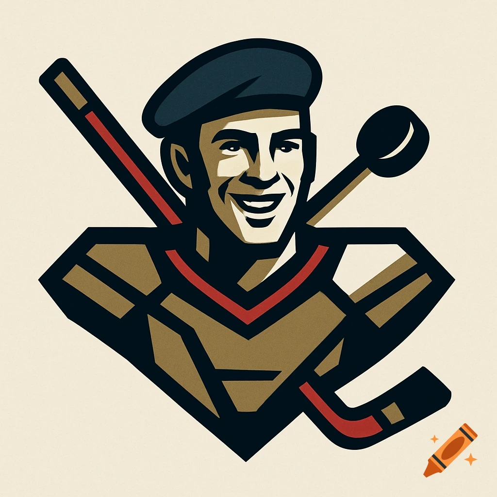 Minimalist geometric hockey team logo of a smiling man in a beret with crossed hockey sticks and a puck.