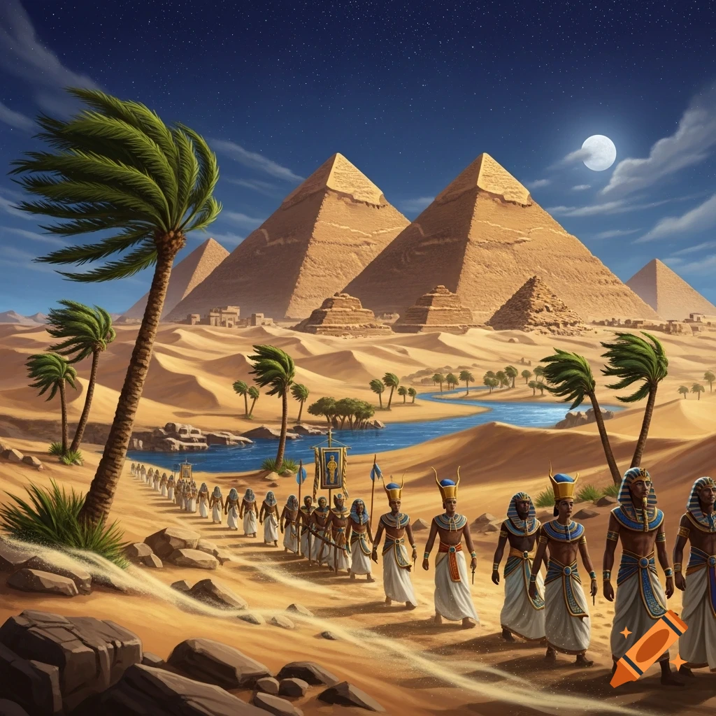 Ancient Egyptian procession in a desert landscape with pyramids, a river, and palm trees under a starry night and full moon.