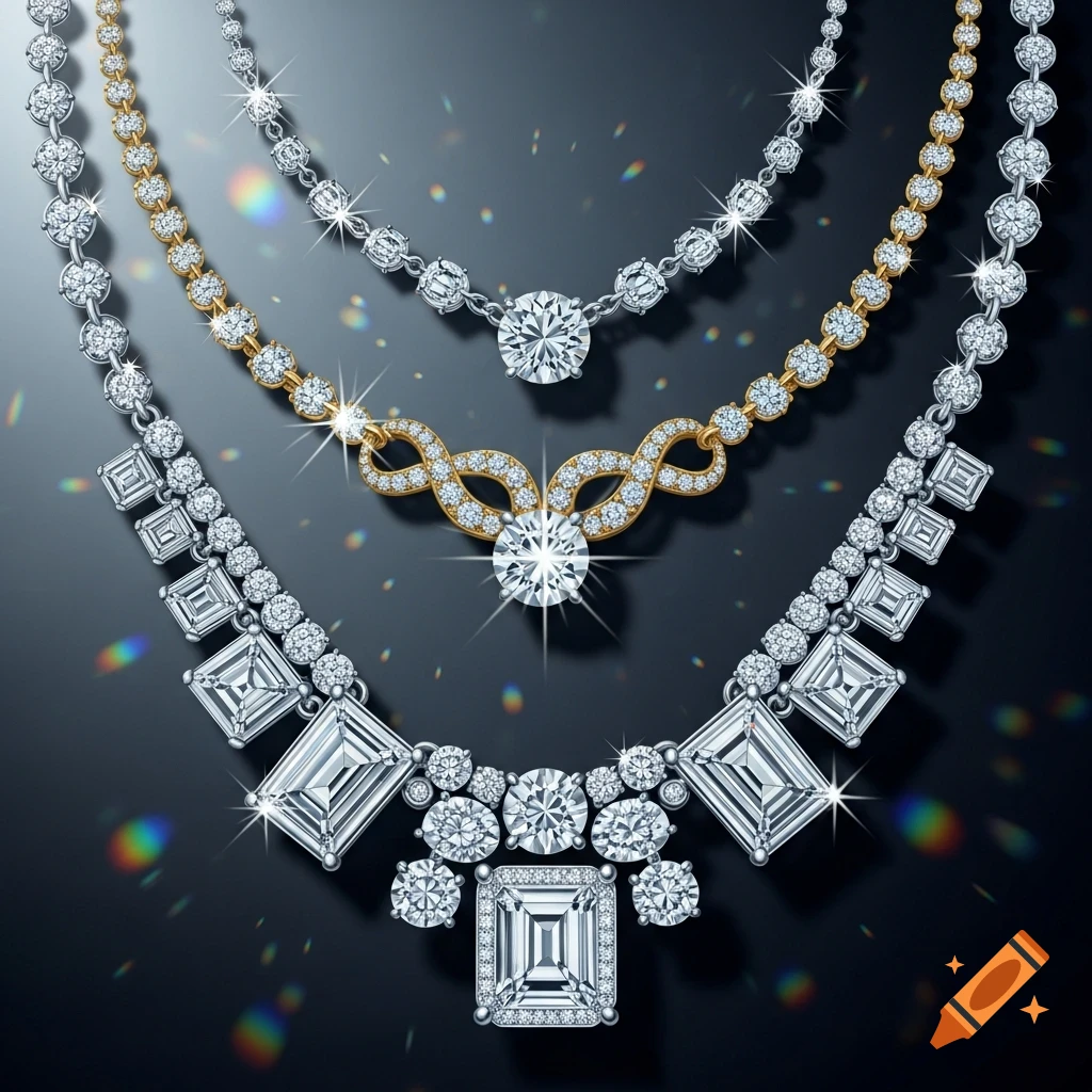 Three glittering diamond necklaces, one silver, one gold, and one elaborate silver choker, on a dark background.