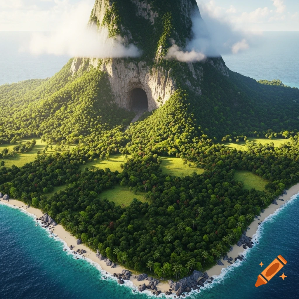 Aerial view of a lush green island featuring a towering mountain with a large cave entrance, dense forests, and a sandy beach meeting turquoise ocean water.