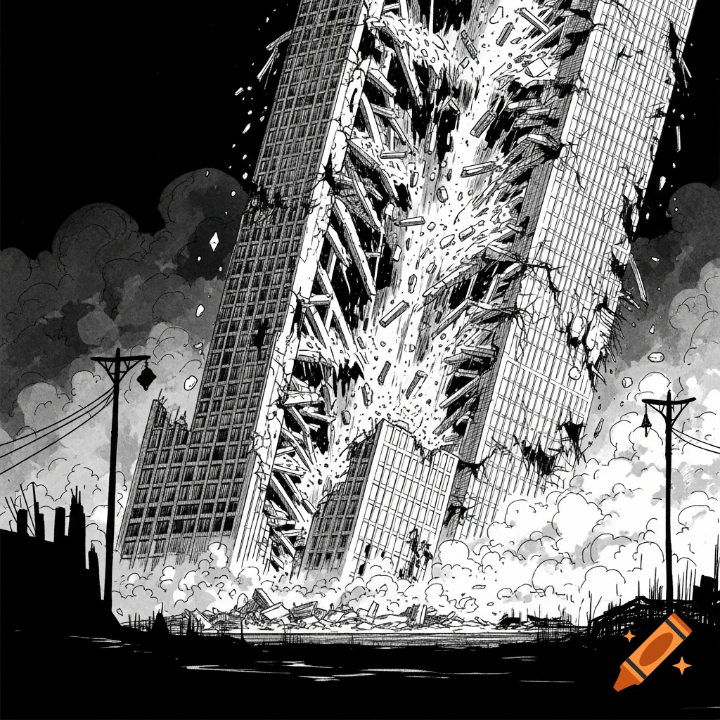 Black and white ink drawing of a tall building collapsing into a cloud of dust and debris, with other damaged structures.