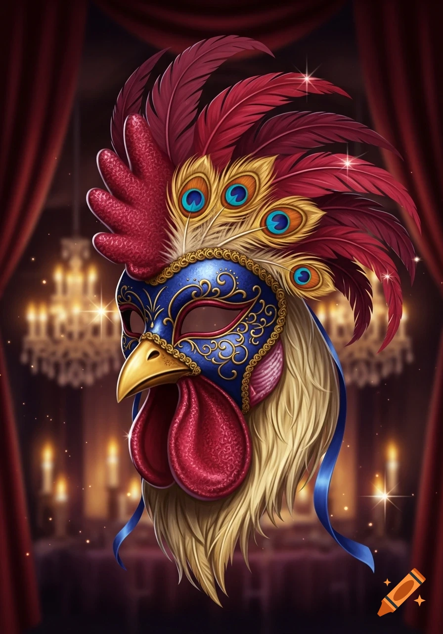 Ornate rooster mask with blue, gold, and red feathers and a golden beak, set against a dark, elegant background.