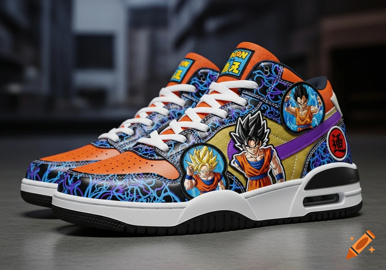 Close-up of a pair of high-top sneakers, orange and black with blue and purple patterns. They feature patches of Dragon Ball Z characters like Goku and Vegeta, with text "DRAGON" and Japanese characters on the tongue.