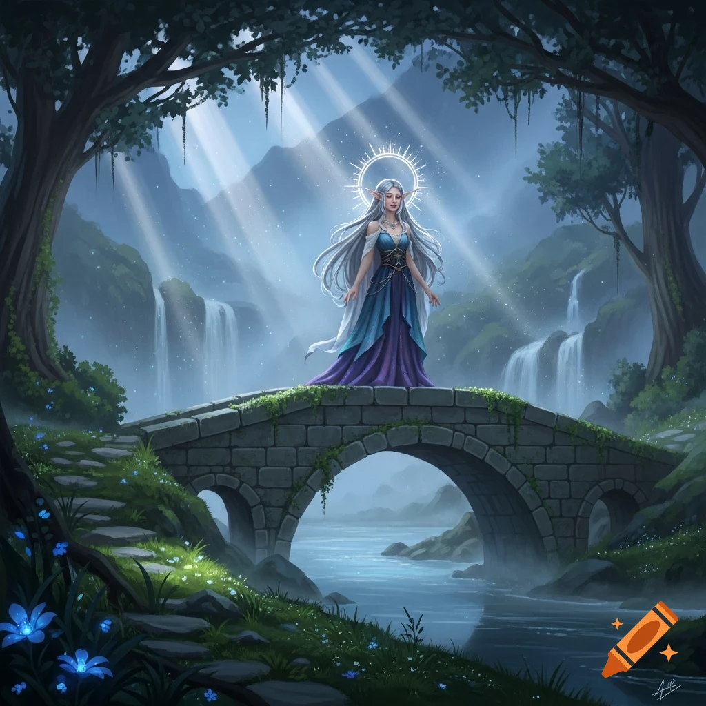 An ethereal elf-like woman with long white hair stands on a stone bridge in a mystical forest with waterfalls and glowing sun rays.