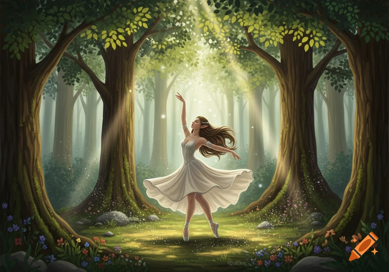 A graceful elf ballerina with brown hair dances in an enchanted forest, bathed in sunlight with sparkling particles.