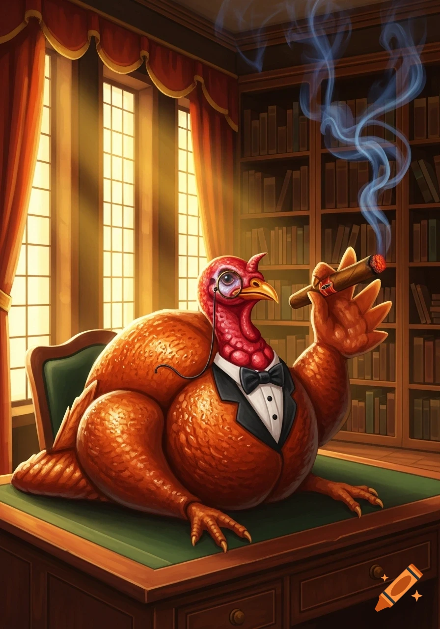 An anthropomorphic turkey in a tuxedo and monocle smokes a cigar at a desk in a library. Detailed illustration.