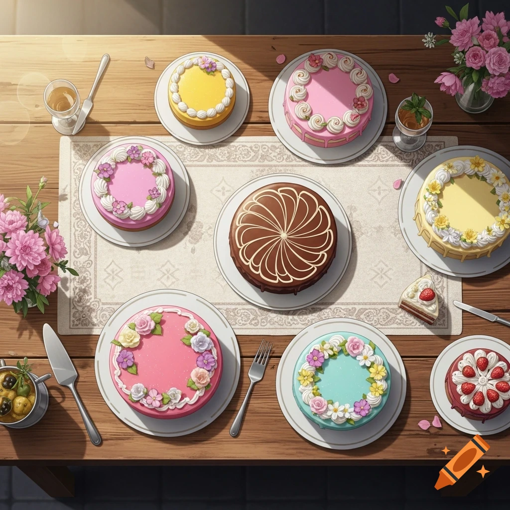 Bird's-eye view of a wooden table laden with various colorful, decorated cakes, flowers, and utensils.