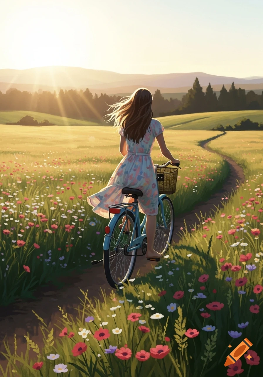 Illustrated woman on a bicycle riding on a path through a sunny wildflower field with mountains in the background.