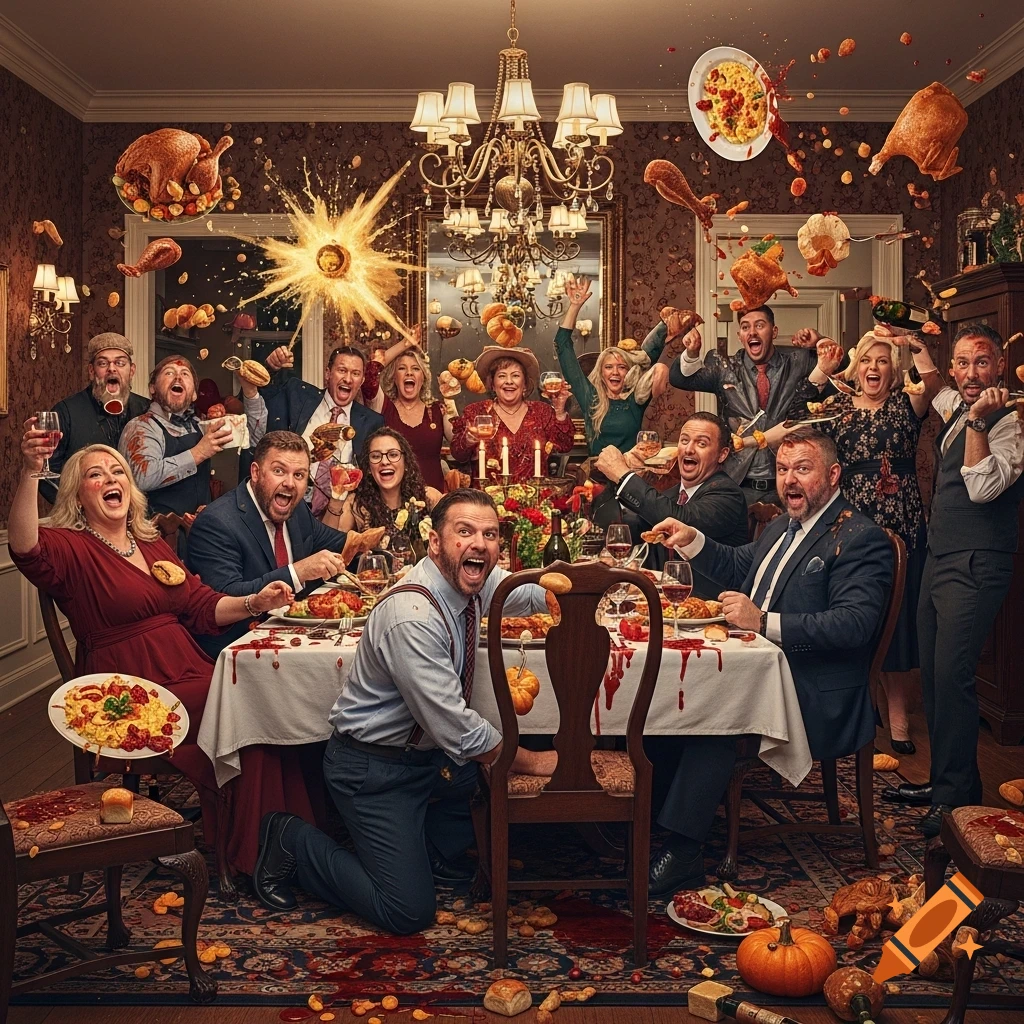 A photorealistic, comically chaotic Thanksgiving dinner scene with adults, food, and drinks flying around a dining room.