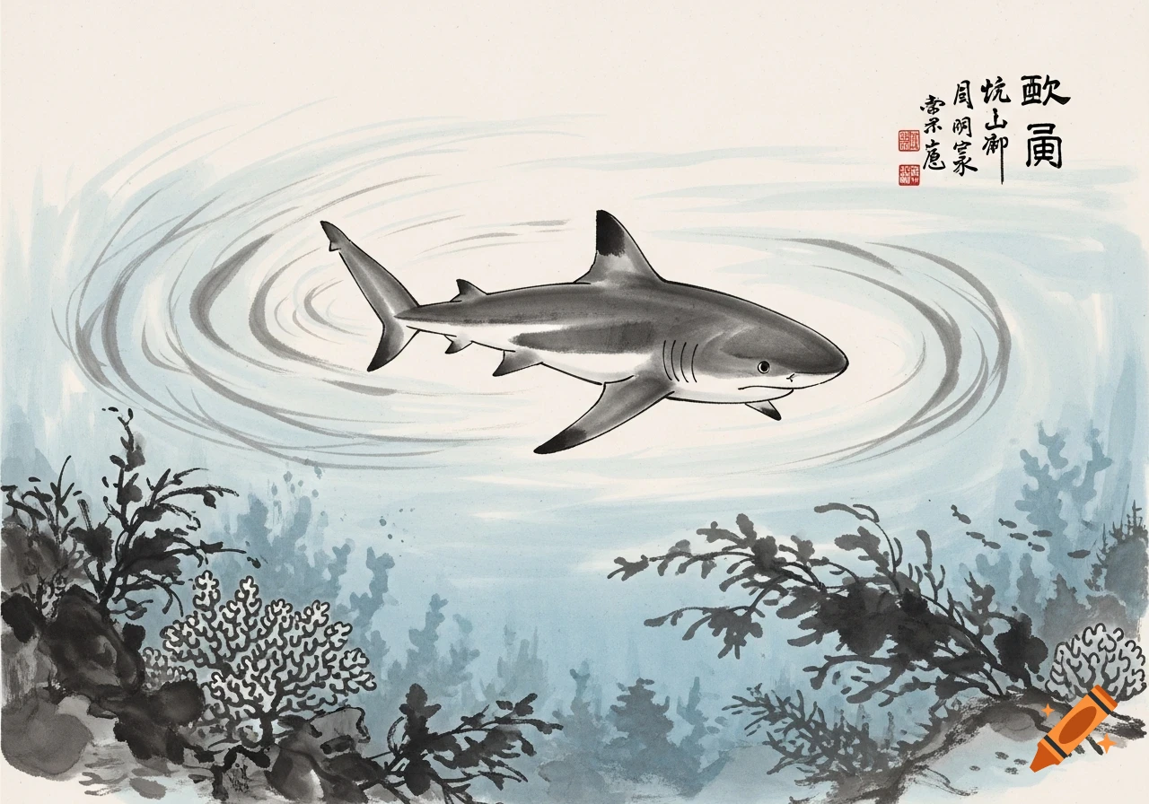 A gray shark swims in swirling light blue water with dark coral and plants below, in a Chinese ink painting style.