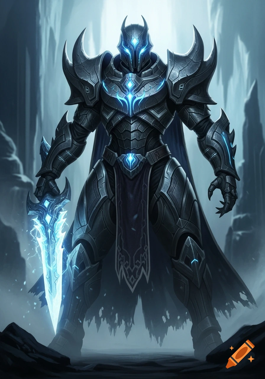 A dark, heavily armored warrior with glowing blue accents stands menacingly in an icy cavern, wielding a glowing ice blade. Digital painting.