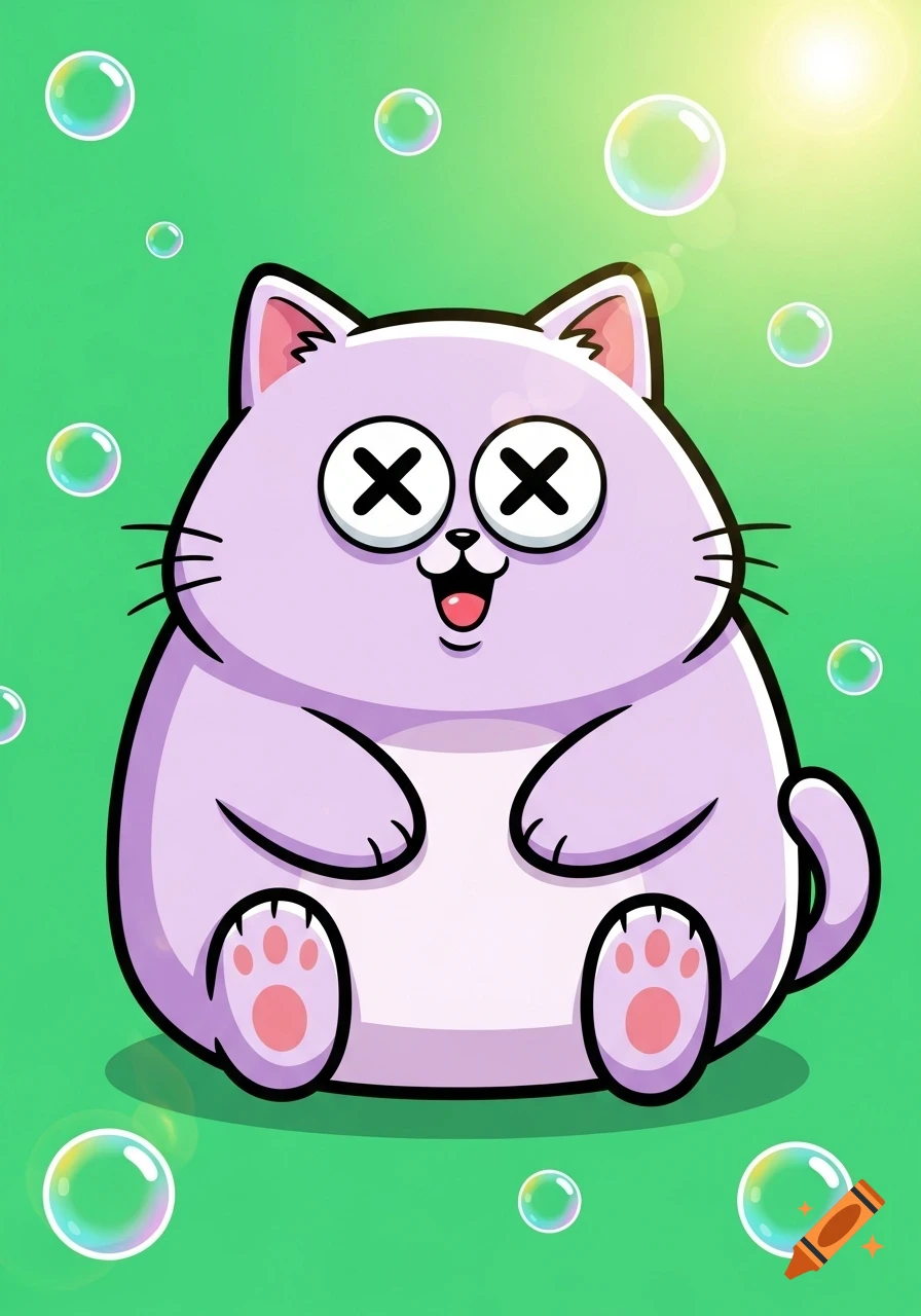 A plump, lavender cartoon cat with X's for eyes, an open mouth, and small paws, sitting amidst colorful bubbles on a vibrant green background.