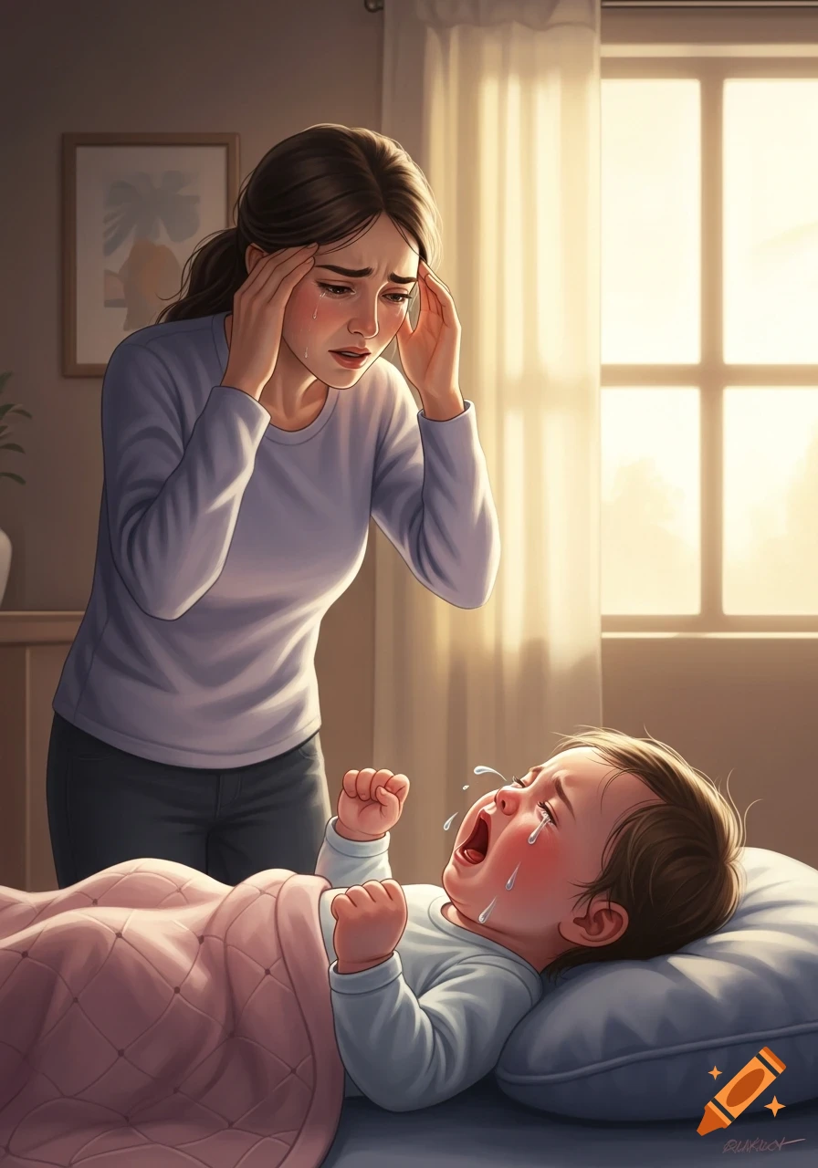 An illustration of a distressed mother holding her head while a baby lies crying loudly on a bed.