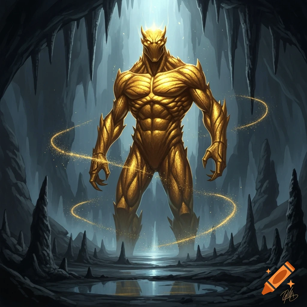 A tall, muscular golden monster with glowing eyes stands in a dark, stalactite-filled cave with a reflective pool, surrounded by shimmering gold dust.