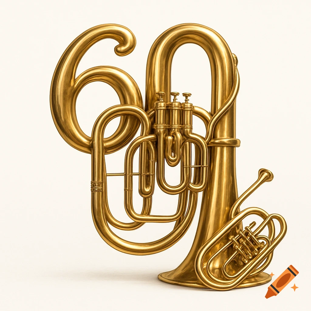A shiny golden brass instrument shaped like the number 60, with a smaller instrument beside it, on a white background.