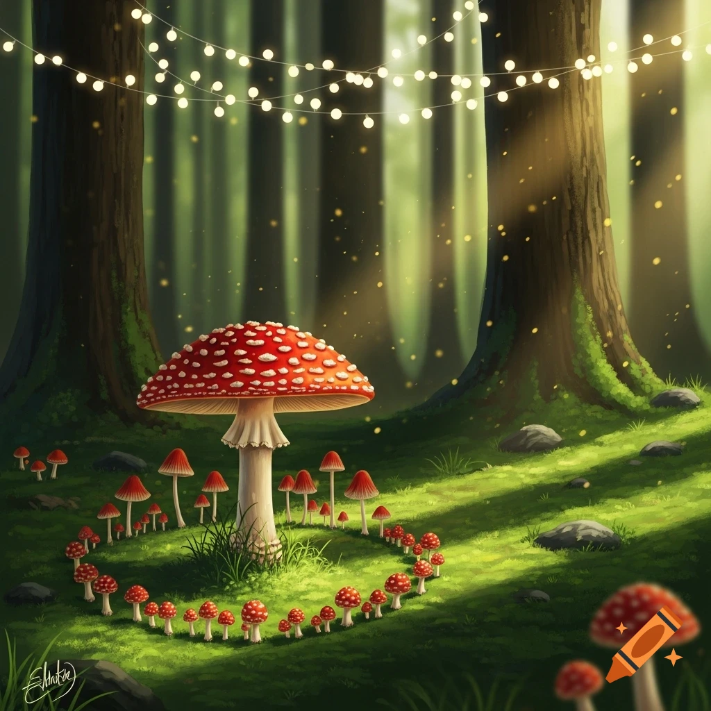 Whimsical illustration of a large red and white mushroom surrounded by smaller ones in an enchanted forest with fairy lights strung between trees.