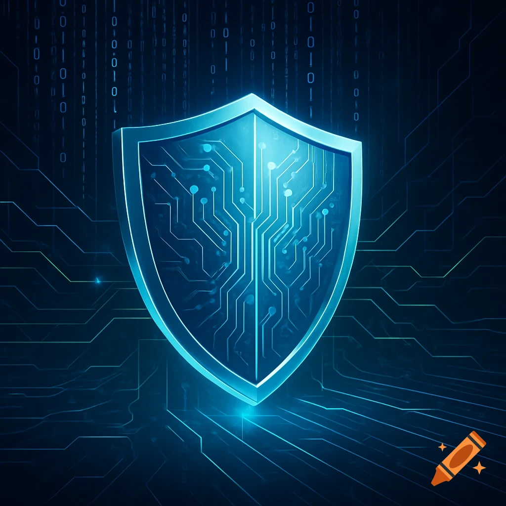 A glowing blue shield with a circuit board pattern against a dark background with digital lines and falling binary code.