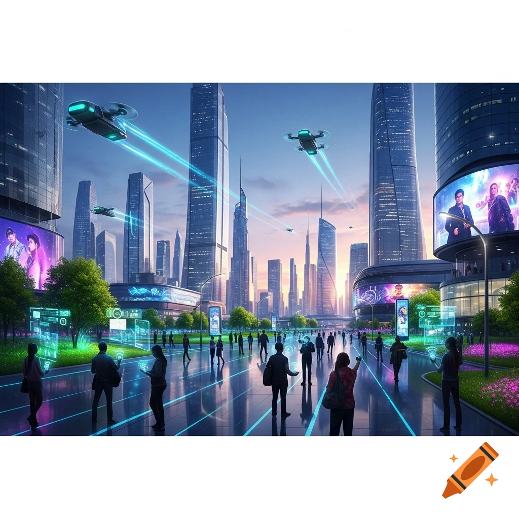 A vibrant, futuristic city with towering skyscrapers, glowing digital screens, people walking, and drones flying with light trails.