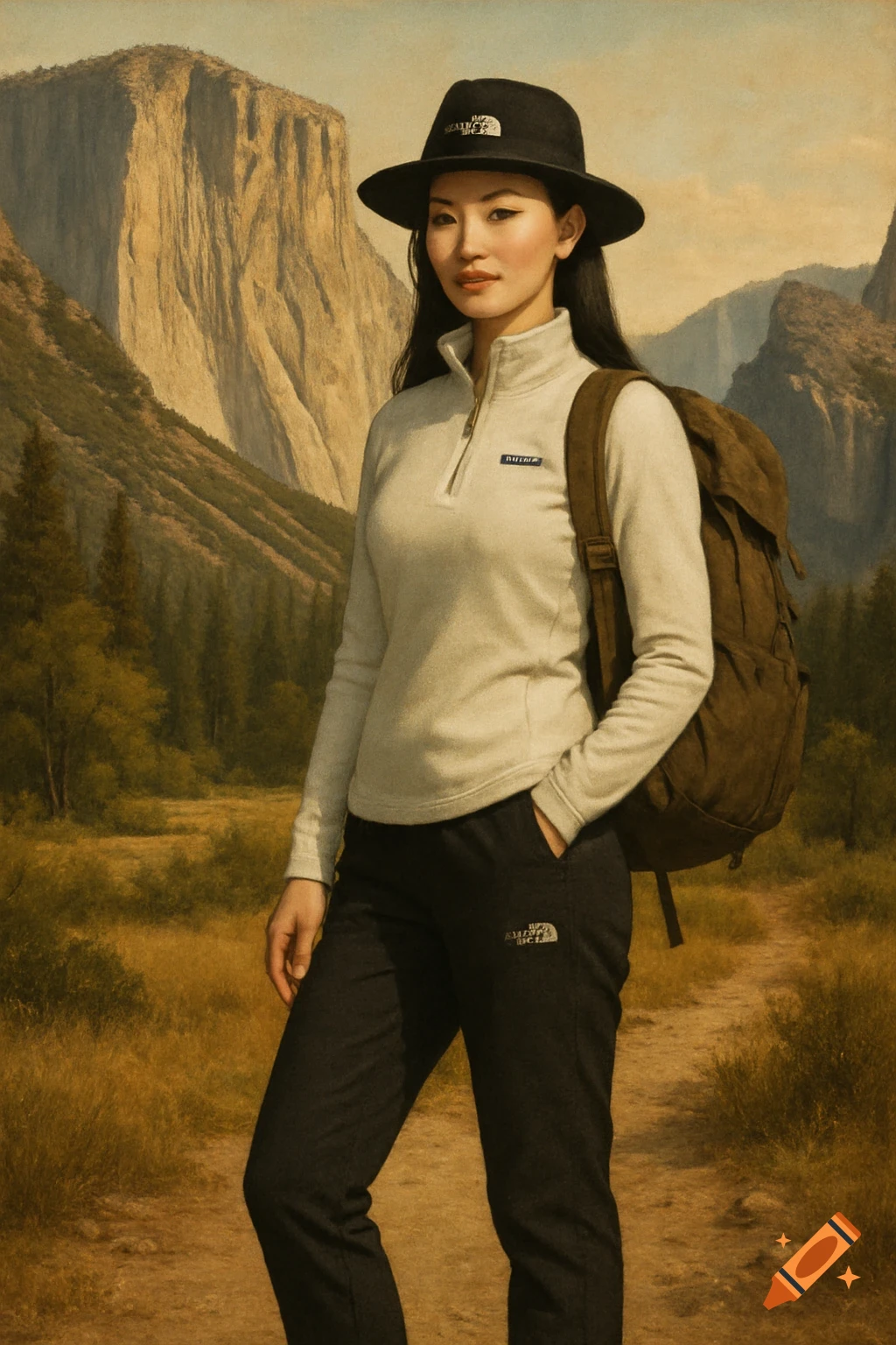 A woman with a backpack and hat stands on a trail in a mountain valley, a film aesthetic.