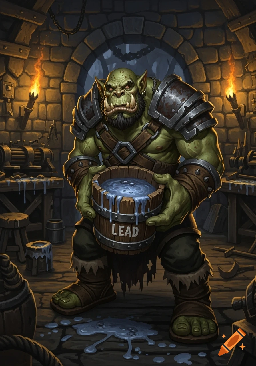A muscular green orc holds a wooden bucket labeled 'LEAD' with bluish liquid, standing in a torchlit stone workshop.