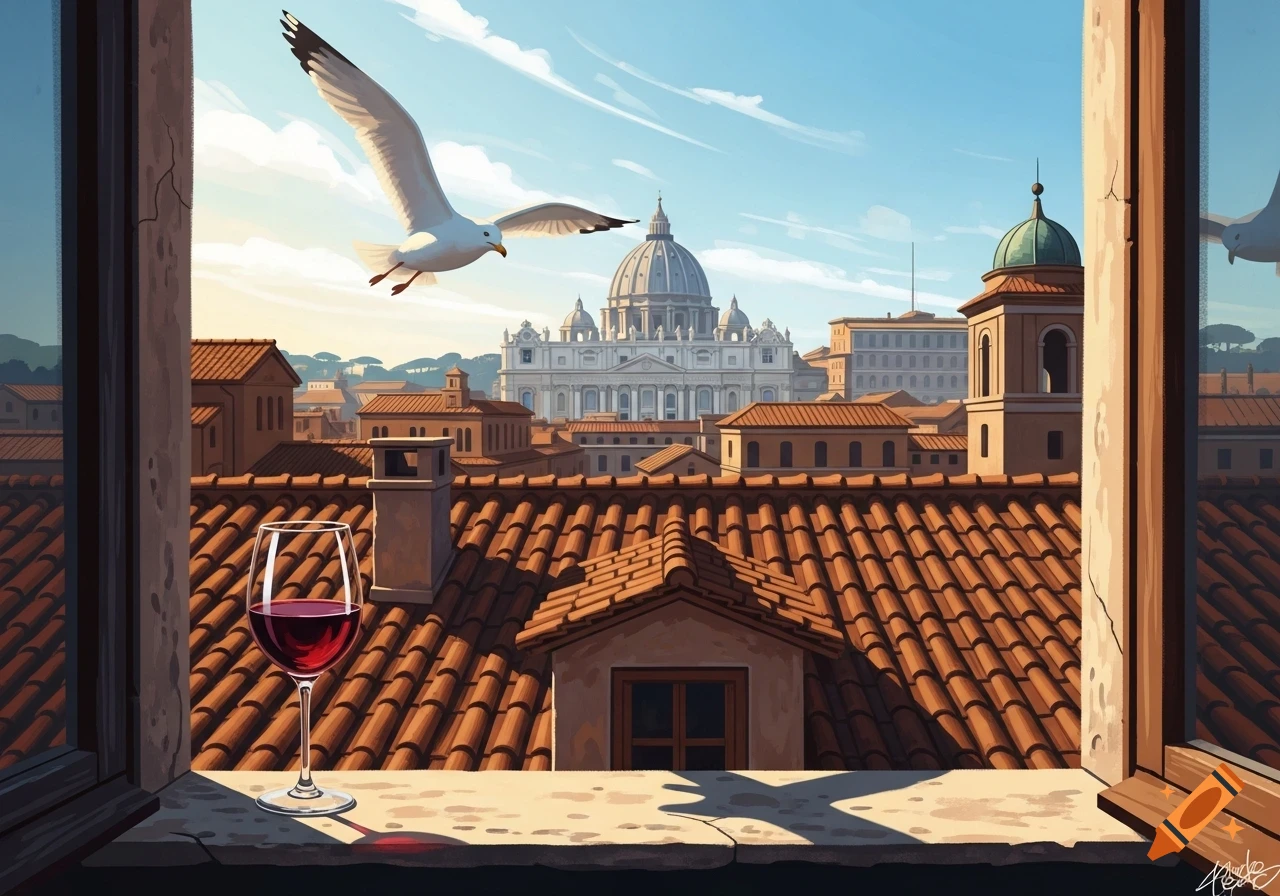 Stylized view of Rome's rooftops, St. Peter's Basilica, a flying seagull, and a glass of red wine on a window sill.