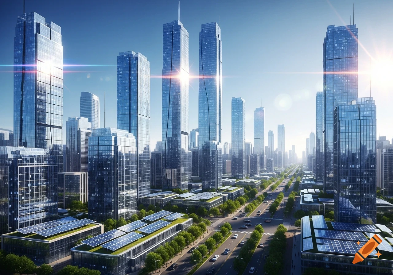 Photorealistic cityscape with modern glass skyscrapers, tree-lined streets, and buildings topped with solar panels under a bright blue sky.