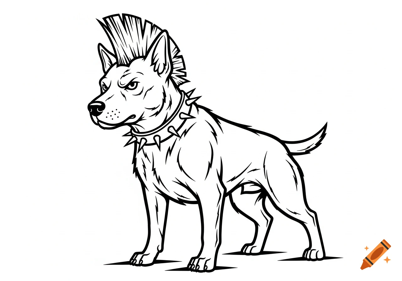 A black and white line art illustration of a fierce punk rock dog with a mohawk and spiked collar, standing.