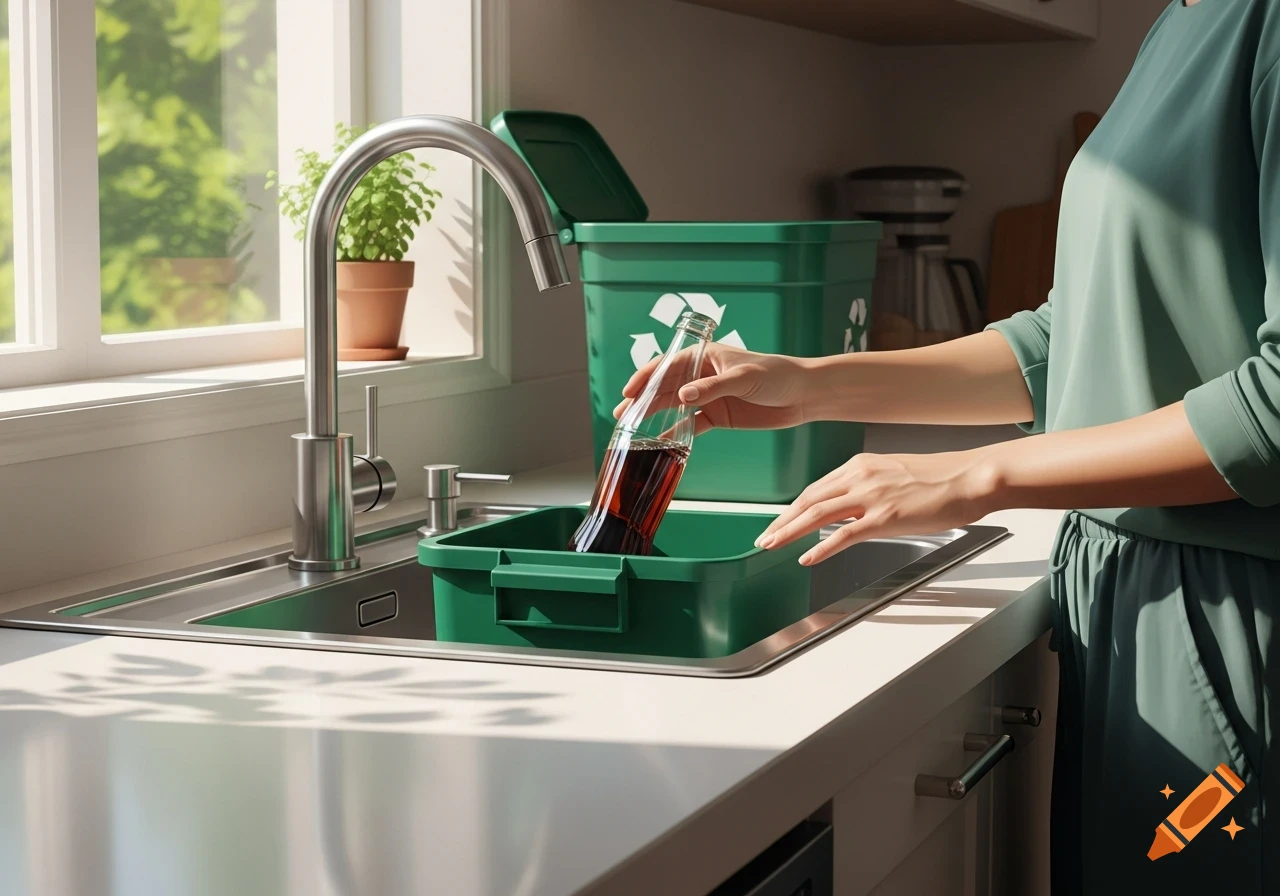 A person places a glass bottle into a green recycling bin in a bright kitchen sink, with sunlight streaming through a window.