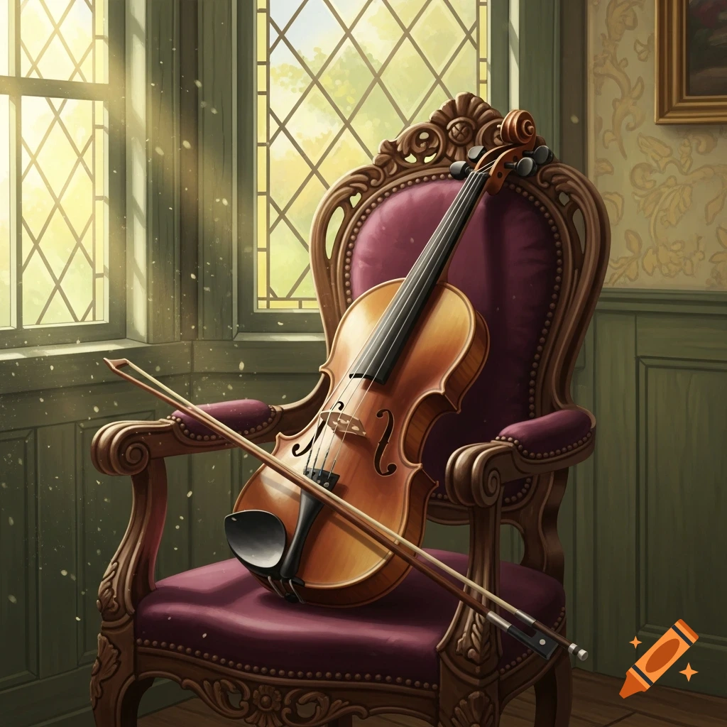 A wooden violin and bow rest on an ornate purple velvet chair near a sunlit window with diamond panes, in a classic room.