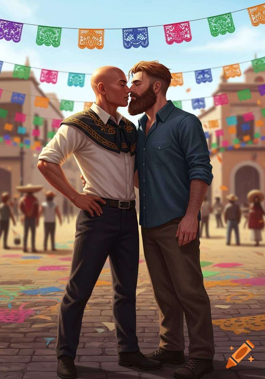 Bald man and bearded man leaning in for a kiss on a festive street with colorful papel picado banners.