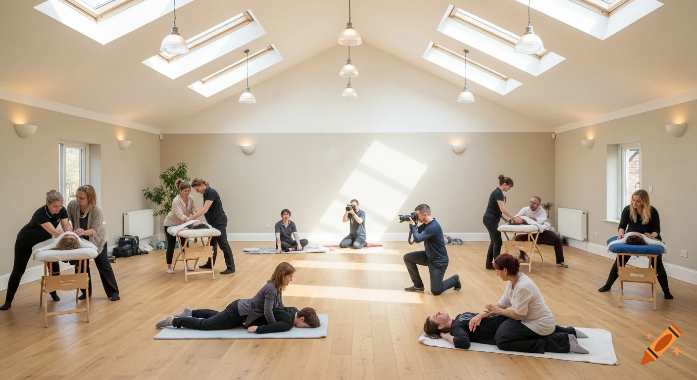 People in pairs performing massages, therapy, and photography in a bright, spacious room with skylights.