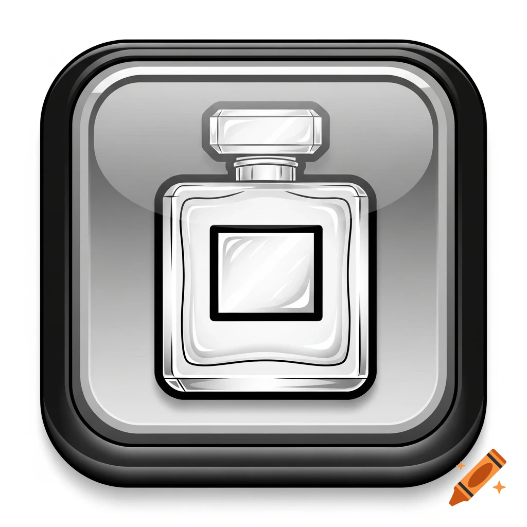 A stylized grey and white 3D badge icon of a cologne bottle with a glossy finish and dark outline.