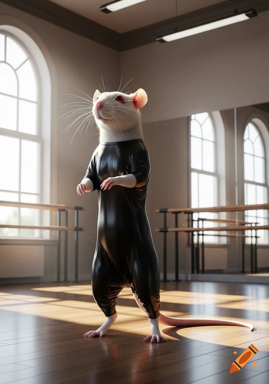 A white rat with red eyes wears a black unitard in an elegant pose ...