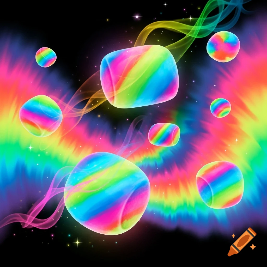 Numerous rainbow-striped marshmallow-like shapes float amid a vibrant psychedelic tie-dye background with glowing wisps.