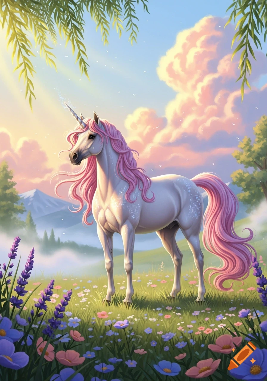 A majestic white unicorn with a flowing pink mane and tail stands in a vibrant field of colorful wildflowers, under a sunny sky with pastel pink clouds.