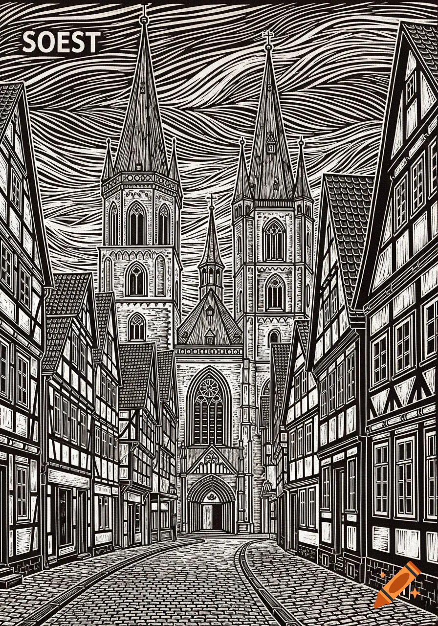 Black and white linocut illustration of a European city street lined with historic buildings, leading to a large gothic church. Text 'SOEST' in the top left.