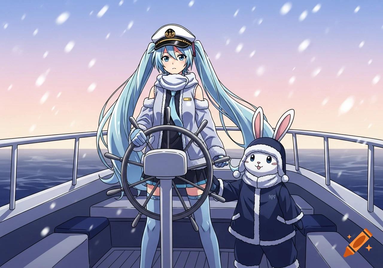 Snow Miku in a captain's hat and winter coat steers a boat, with a small bunny in a matching blue winter outfit next to her, as snow falls.